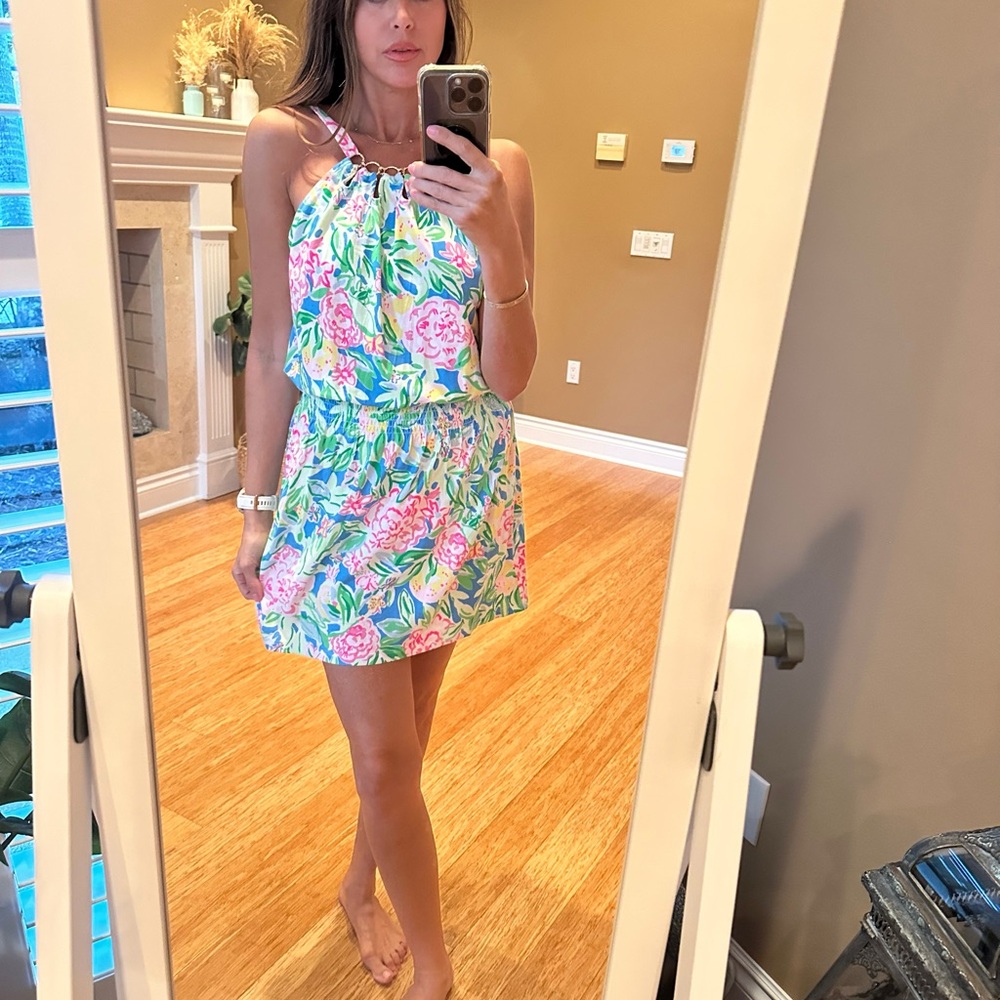 Floral Lilly Pulitzer Gold Chain Halter Dress. Size Small.